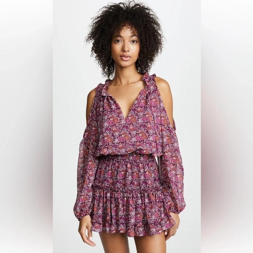 MISA Los Angeles Floral Cold Shoulder Ruffle Mini Dress Medium Boho Romantic